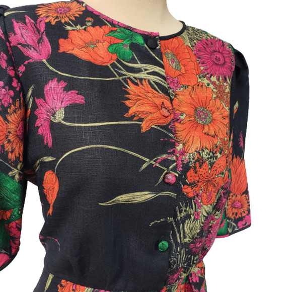 Vintage Tops - Vintage 1980's Black Multi-Colored Poppy Floral Peplum Button Down Blouse Sz L